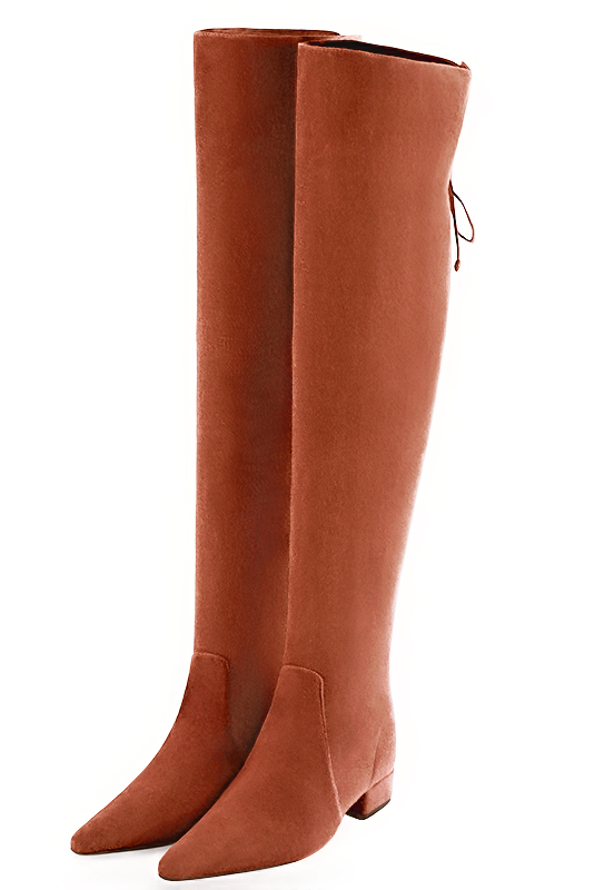 Terracotta orange women's leather thigh-high boots. Tapered toe. Low block heels. Made to measure. Front view - Florence KOOIJMAN